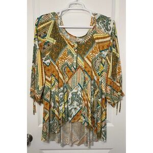 CATO  women's HI-LOW patchwork TOP XL Multi Color Gypsy Fairy Boho Style stretch